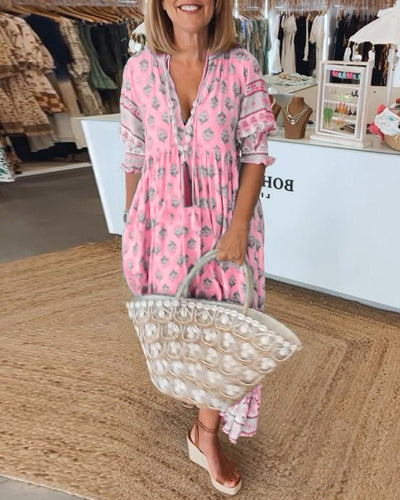 Mana - Vibrant Floral V-Neck Dress